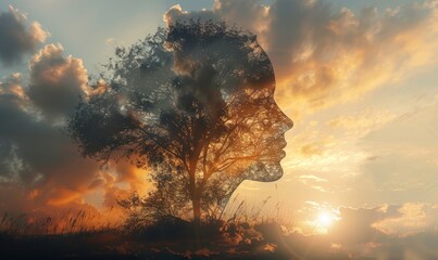 Outline of a human head containing a serene landscape background, symbolizing the concept of inner peace and mental tranquility with copy space, Generative AI