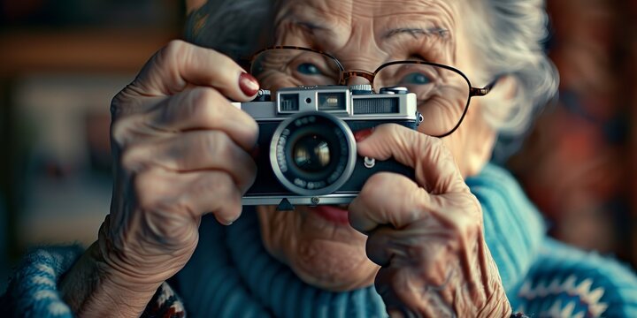 An elderly woman is holding a camera and smiling
