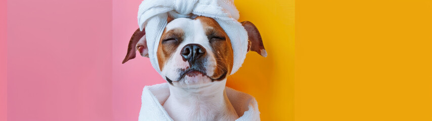 This cute dog displays pure bliss with eyes closed, wearing a spa robe and towel turban on a pink and yellow background