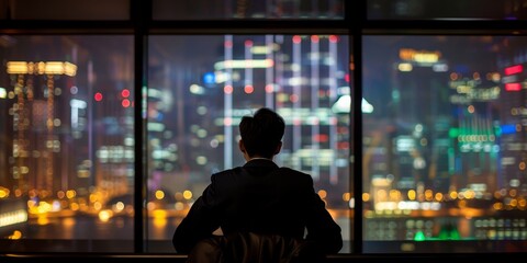 A man is sitting in a chair looking out a window at the city
