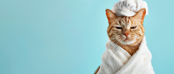 An orange tabby cat wearing a towel turban gives a skeptical look against a blue backdrop - obrazy, fototapety, plakaty