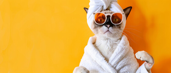 A stylish cat dons sunglasses and a spa towel, suggesting leisure and trendy attitudes - obrazy, fototapety, plakaty