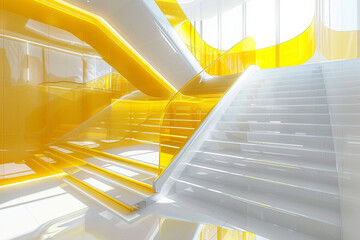 Modern white staircase with light yellow glass banister beautiful building