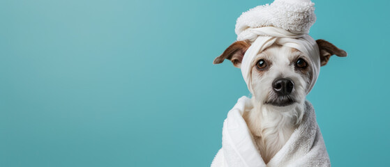 An adorable dog wrapped in a white towel and bathrobe gives off a humorous and cute spa-day vibe against a blue backdrop