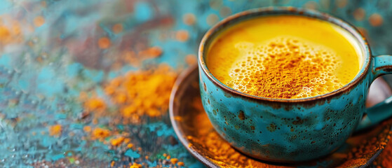 Turmeric latte closeup antiinflammatory golden drink Stylish in the style of vibrant dot Digital art