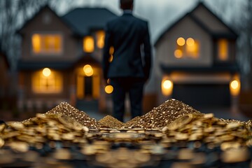 An image depicting the daunting costs of home ownership, symbolized by a sea of gold coins and two distant houses. - Powered by Adobe