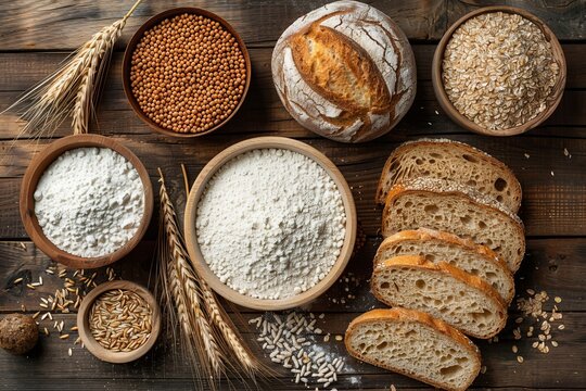 Top view of organic products. Bowls with different gluten free grains on wooden background, slices of bread, loaf and flour, Generative AI