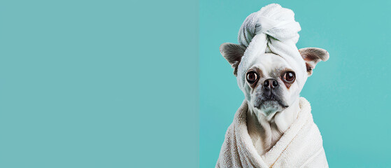 A serious pug poses in a fluffy bathrobe and spa head wrap against a striking turquoise background - obrazy, fototapety, plakaty