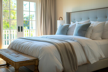 Obraz premium A luxury hotel room with a large bed, double doors leading to a balcony and garden outside, light grey walls