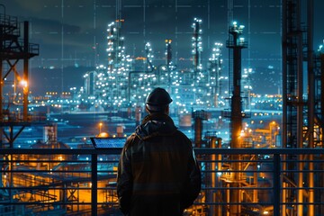 Rear view of engineer with oil refinery industry plant in the background at night, industrial instruments in the factory and futuristic hologram concept, Industry 4.0, Generative AI