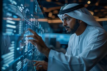 Arabian businessman working on new project with his team, touching hologram display while checking digital information in modern office, Generative AI - Powered by Adobe