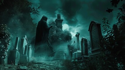 A spooky ghostly figure is seen floating in a graveyard against a black background in a