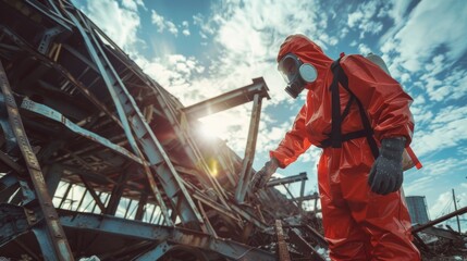 Worker in red hazmat suit inspecting a destroyed industrial site under a bright sunlit sky.
