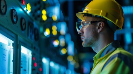Engineer in yellow hard hat focused on control panels with illuminated indicators in an industrial setting.