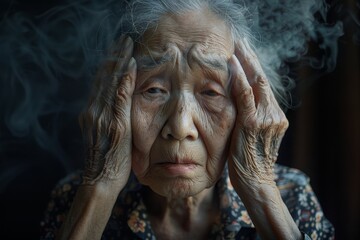 Forgetful asian senior woman with amnesia, brain disease, patient holding head with her hands, suffering from senile dementia, memory disorders, confused old elderly with Alzheimer's, Generative AI - obrazy, fototapety, plakaty
