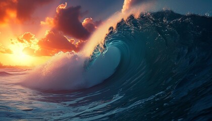 ocean wave at sunset - obrazy, fototapety, plakaty