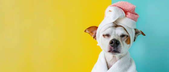 A charming dog having a relaxing moment wearing a soft bathrobe and head towel