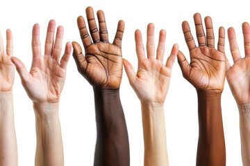 Closeup of multiethnic men and women's hands raising up against white background, Generative AI