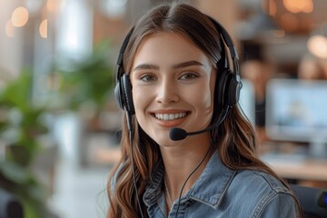 Smiling customer support operator with hands-free headset working in the office, Generative AI