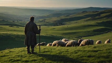 Lonely shepherd standing on a hill with sheep in the background