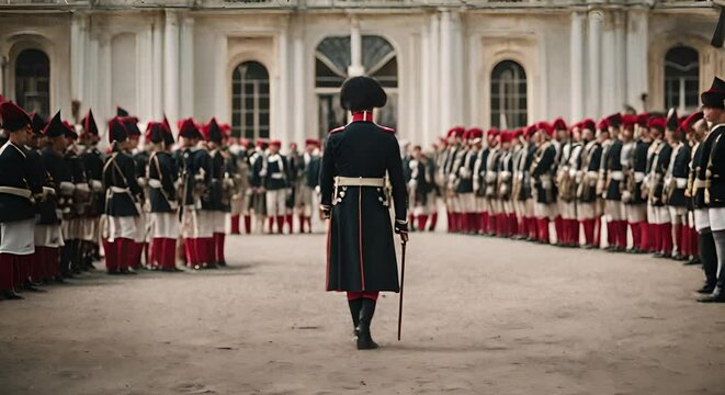 Back view of Napoleon with his army.
