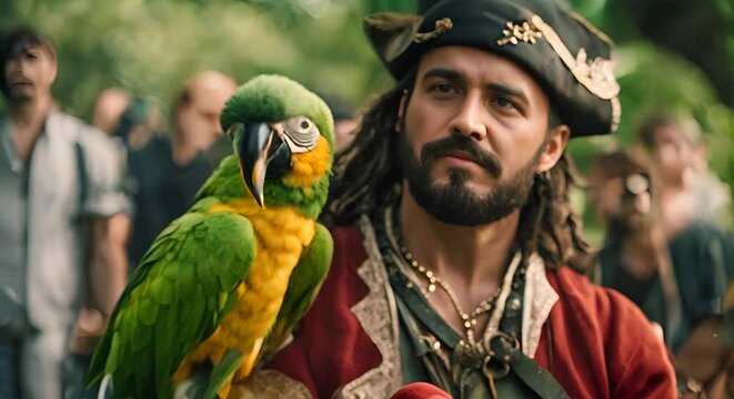 Parrot with a pirate on a ship.
