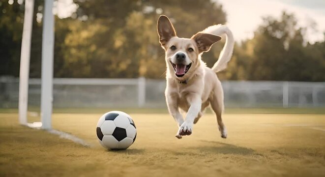 Dog playing soccer in a soccer field.
