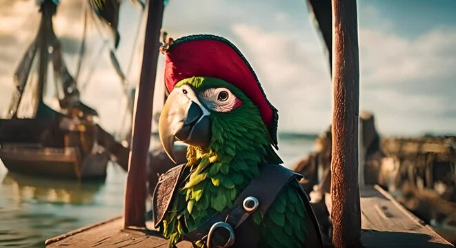 Pirate parrot on a ship.