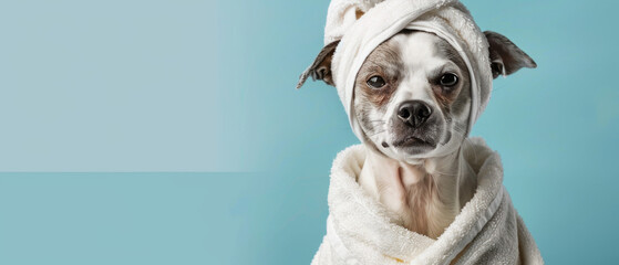 A snug dog adorned in a head towel on a soothing blue background, embodying a sense of calm - obrazy, fototapety, plakaty