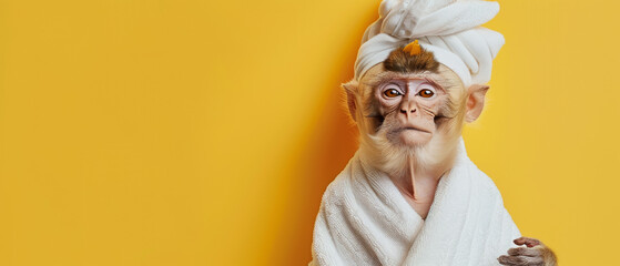 A cozy monkey  wrapped in a fluffy towel stands against a sunny yellow background, depicting leisure time