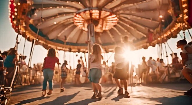 Children at a fair at sunset.