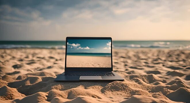 Lapop on the beach. Remote work.