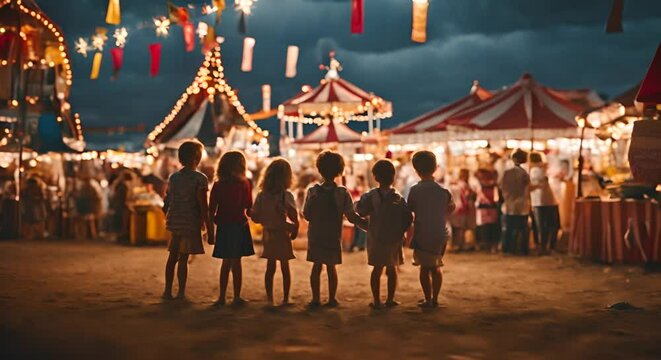 Children at a fair at sunset.