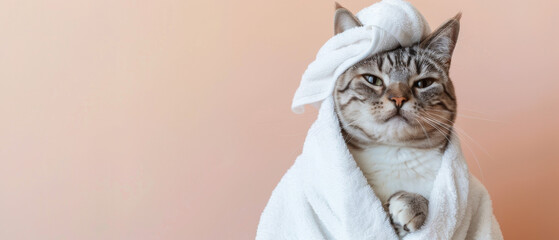 A dapper cat models a spa day look with a sophisticated towel turban set against a soft pastel background