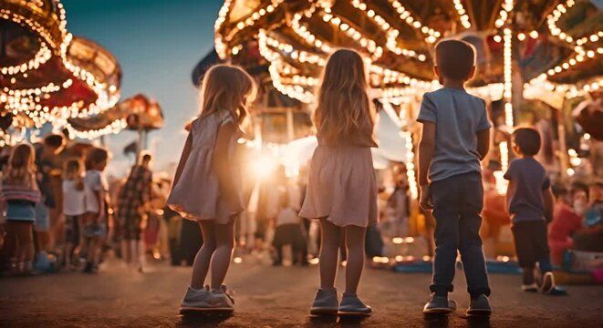 Children at a fair at sunset.