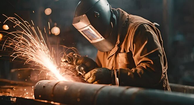 Welder man welding a pipe.