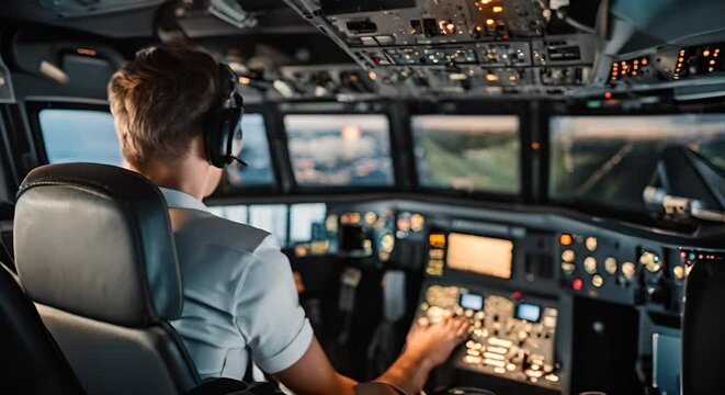 Airplane pilot in a flight simulator.