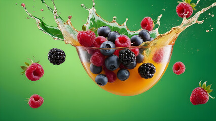 a mixture of berries on a green background with drops, splashes of water. for advertising ,...