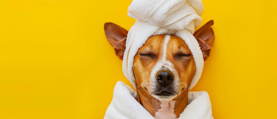 A playful dog with ears protruding from a towel turban against a cheerful yellow backdrop - obrazy, fototapety, plakaty