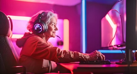 Senior woman gamer playing video games.
