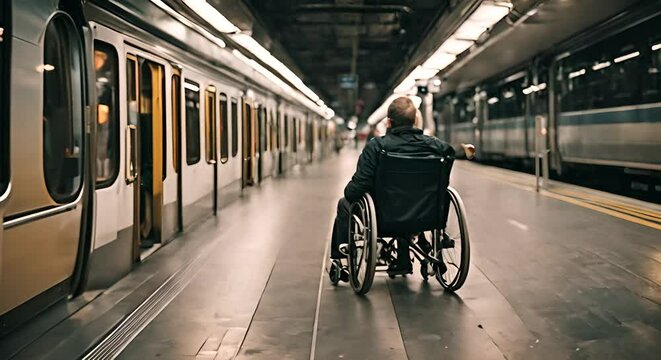 Man in a wheelchair in the subway.