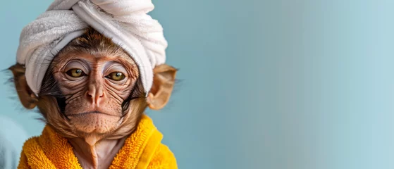 Gordijnen A monkey adorned with a towel turban and wearing a sunny yellow robe for a splash of color © Daniel