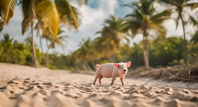 Pig on a tropical beach.