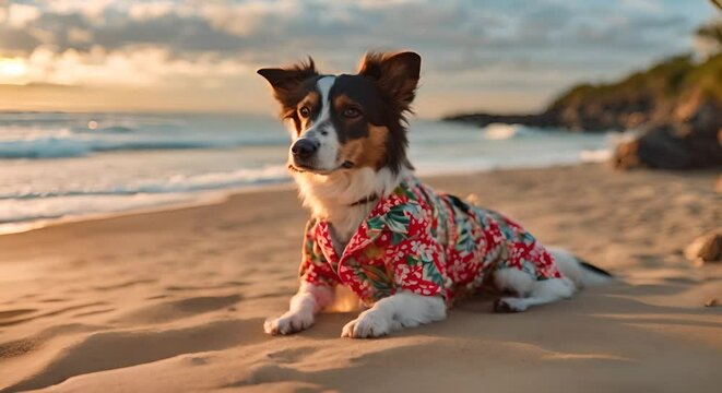 Dog with Hawaiian shirt on the beach.