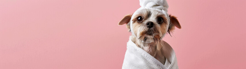 A serene-looking dog with its head wrapped in a towel, giving a vibe of spa and relaxation against a pink background - obrazy, fototapety, plakaty
