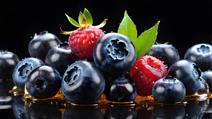 blueberries on a black background with drops, splashes of water. for advertising , presentation of...
