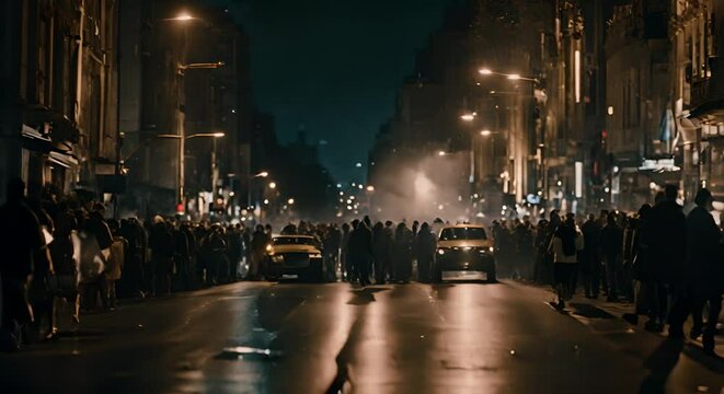 Protests in a city at night.