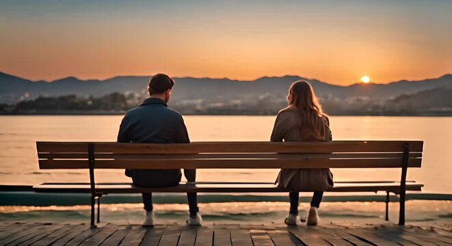 Couple on a bench at sunset.