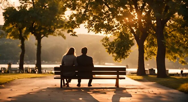 Couple on a bench at sunset.