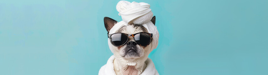 A dog wrapped in a towel with big sunglasses enjoys a relaxing spa day, conveying a sense of luxury and pampering - obrazy, fototapety, plakaty